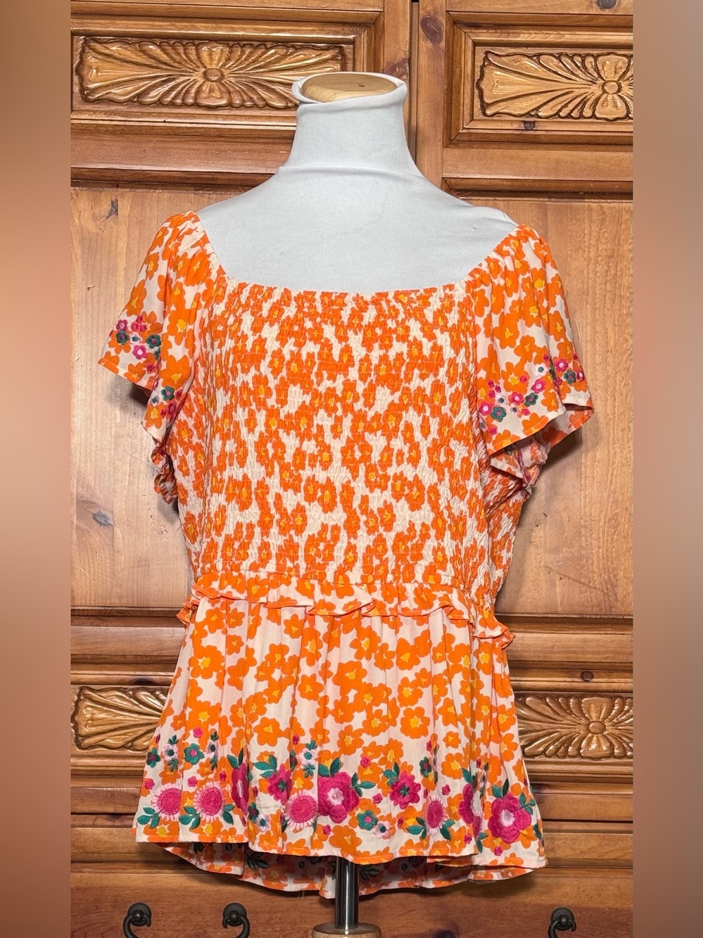Orange Floral Smocked Peplum Tunic Top